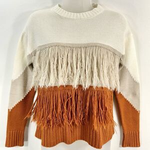 Cato Women XS Knit Boho Festival Fringe Western Cowgirl Cream Tan Orange Sweater